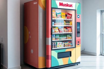 Vending machine with snacks and drinks in bright space.