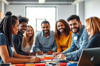 Entrepreneurs collaborating in a bright, modern workspace.