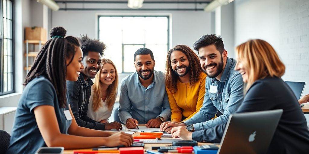 Entrepreneurs collaborating in a bright, modern workspace.