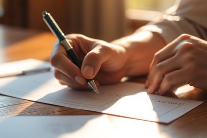 A hand writing a check on a table.