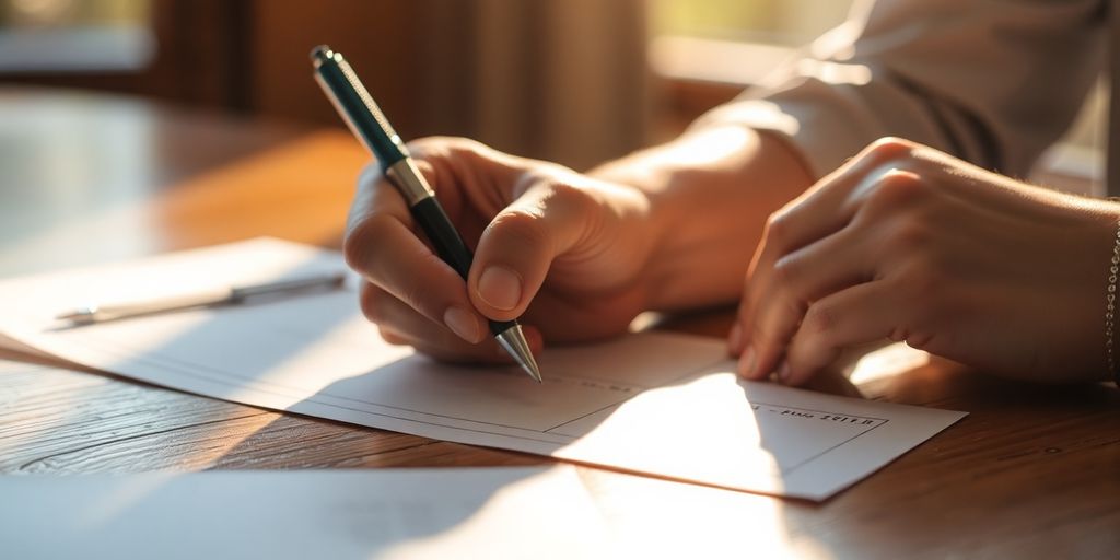 A hand writing a check on a table.