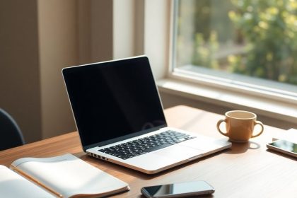 A cozy workspace with a laptop and coffee.