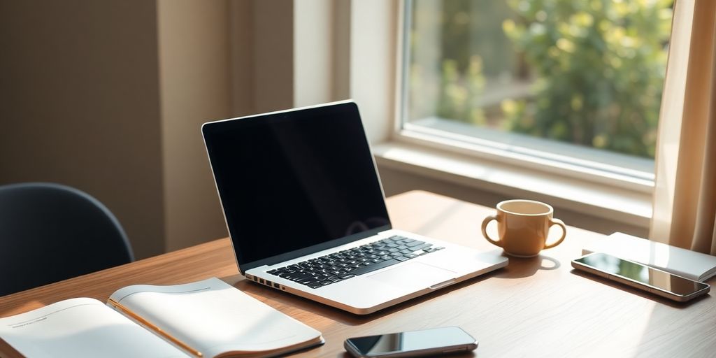 A cozy workspace with a laptop and coffee.