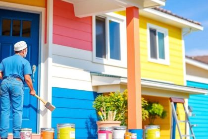 Freshly painted house with colorful exterior and painter.