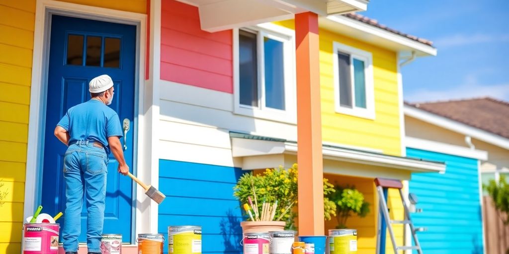 Freshly painted house with colorful exterior and painter.