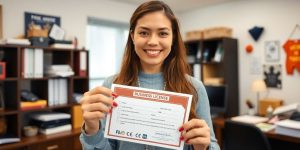 Person holding a business license in an office.