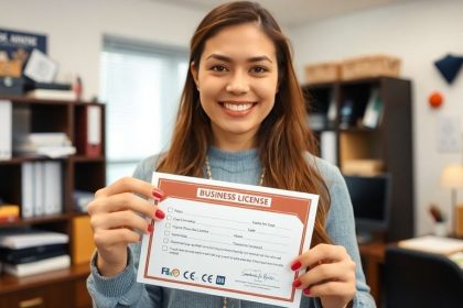 Person holding a business license in an office.