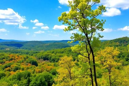 Arkansas state outline against a natural landscape backdrop.