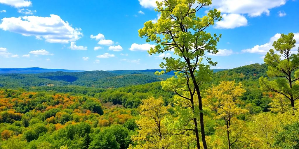 Arkansas state outline against a natural landscape backdrop.