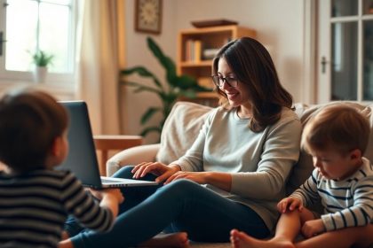 Stay-at-home mom working on laptop in home setting.