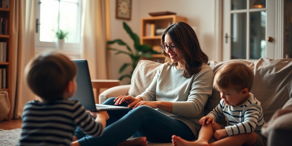 Stay-at-home mom working on laptop in home setting.