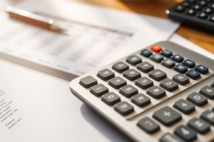 Calculator and financial documents on a wooden desk.