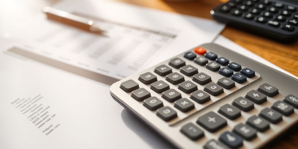 Calculator and financial documents on a wooden desk.