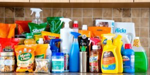 Assorted non-durable goods on a kitchen counter.