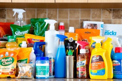 Assorted non-durable goods on a kitchen counter.