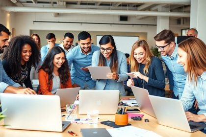 Group of entrepreneurs collaborating in a vibrant workspace.