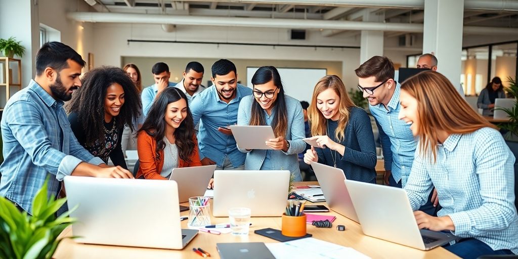 Group of entrepreneurs collaborating in a vibrant workspace.