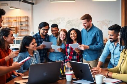 Group of entrepreneurs collaborating in a modern workspace.