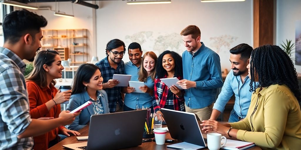 Group of entrepreneurs collaborating in a modern workspace.