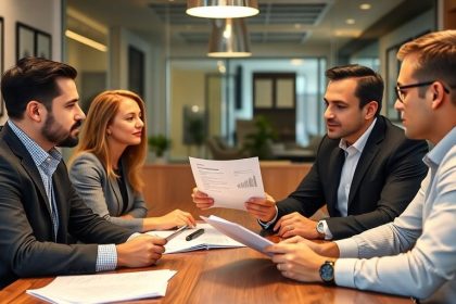 Business professionals discussing LLC loans in an office.