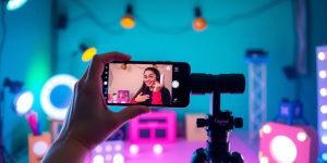 Content creator filming TikTok videos with colorful props.