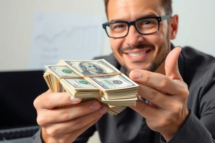 Person counting cash with financial documents nearby.