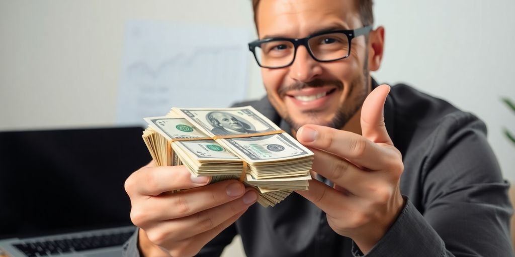 Person counting cash with financial documents nearby.