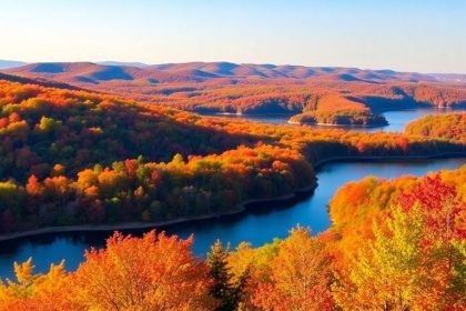 Connecticut landscape with autumn foliage and serene lakes.