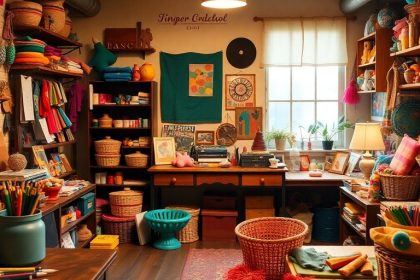 Artisan workspace with colorful crafts and tools.