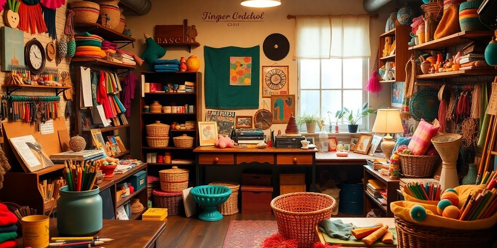 Artisan workspace with colorful crafts and tools.