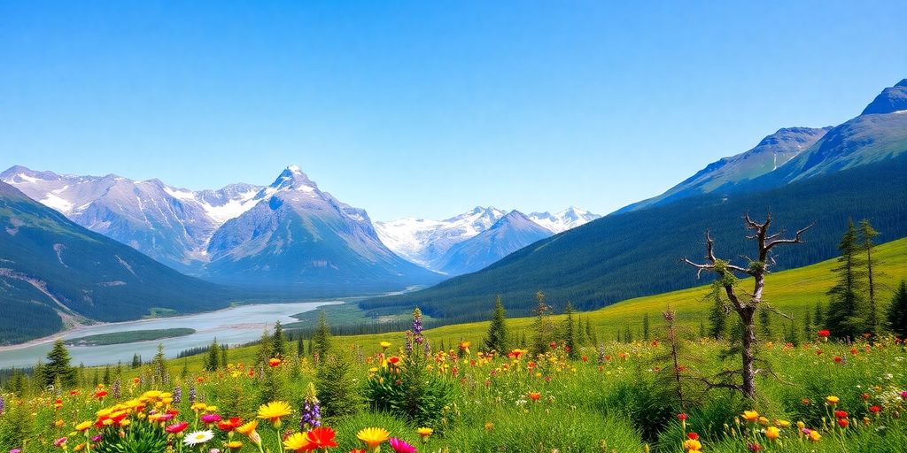 Scenic view of Alaska's mountains and greenery.