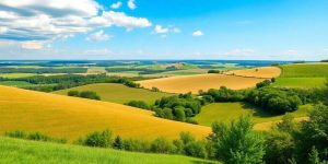 Iowa landscape with rolling hills and blue sky.