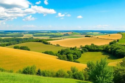 Iowa landscape with rolling hills and blue sky.