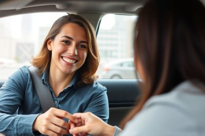 Uber driver receiving a tip from a happy passenger.