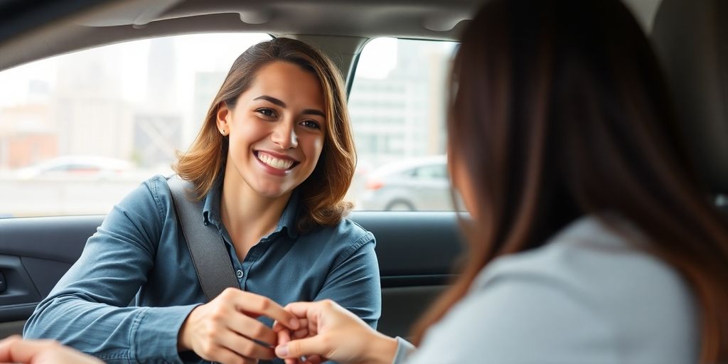 Uber driver receiving a tip from a happy passenger.