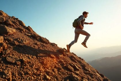 Person climbing a mountain, illustrating life struggles.