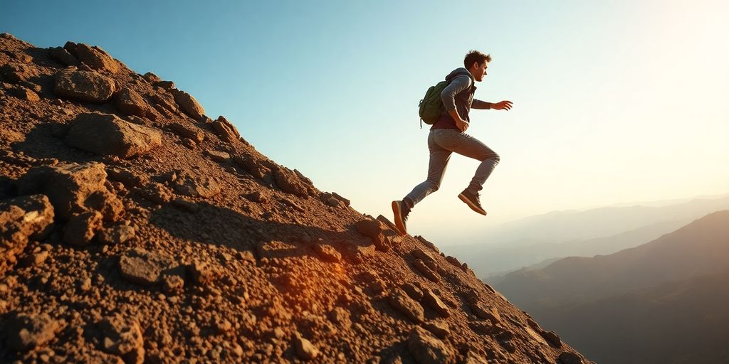 Person climbing a mountain, illustrating life struggles.