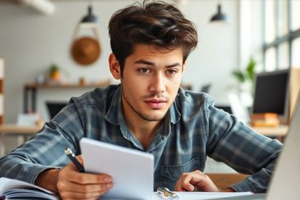 Young entrepreneur brainstorming ideas in a bright workspace.