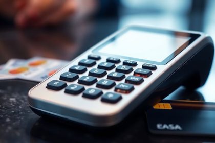 Close-up of a credit card reader on a countertop.