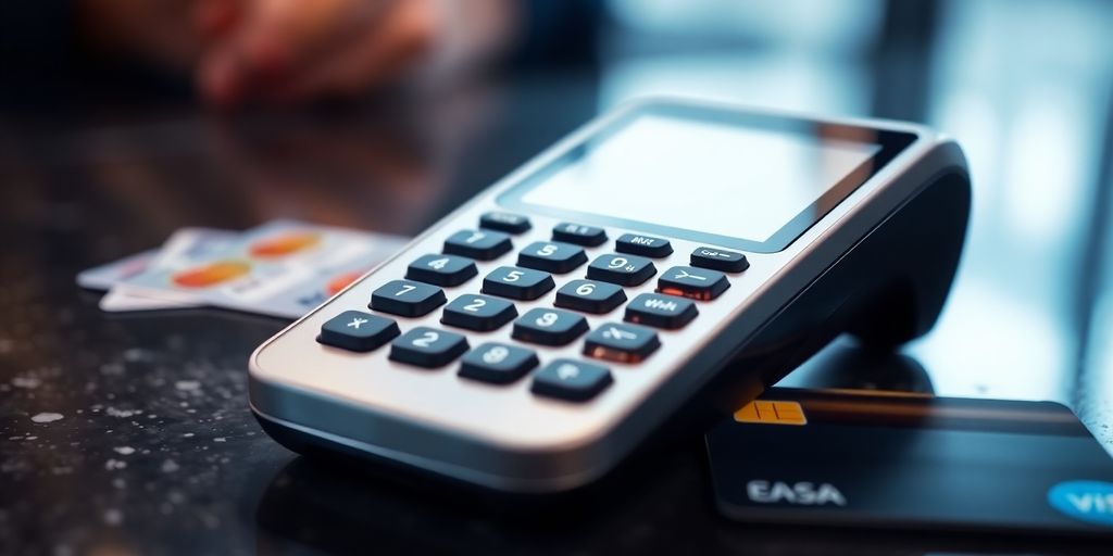 Close-up of a credit card reader on a countertop.