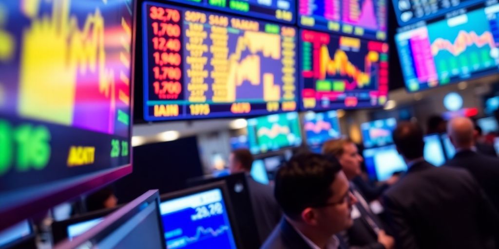 Close-up of stock market trading screens and monitors.