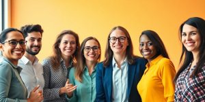 Diverse professionals collaborating in a vibrant business meeting.