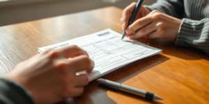 Hands filling out a money order on a table.