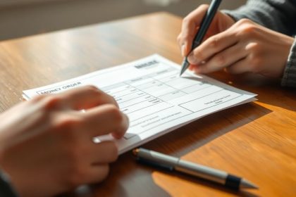 Hands filling out a money order on a table.