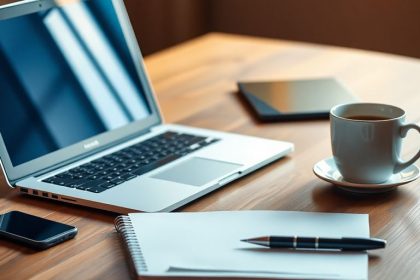 Workspace with laptop, notepad, and coffee cup.