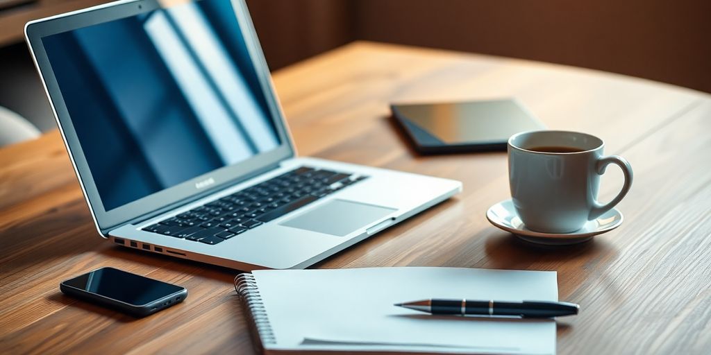 Workspace with laptop, notepad, and coffee cup.