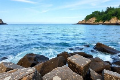 Maine coastline with rocky cliffs and gentle waves.