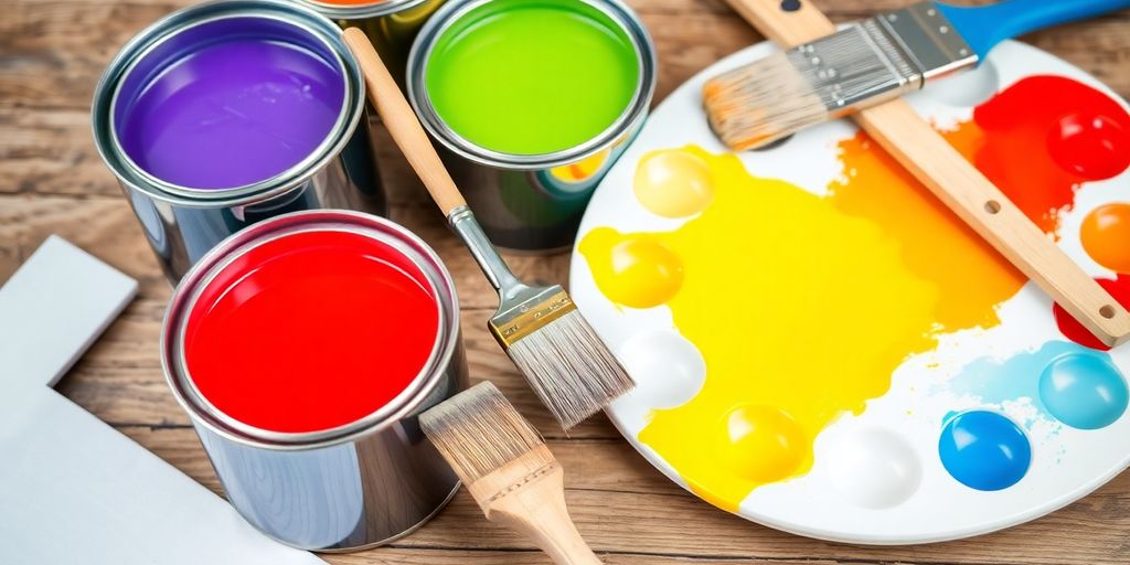 Colorful paint cans and brushes on a wooden table.