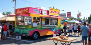 Colorful food truck in a bustling street scene.