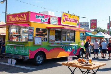 Colorful food truck in a bustling street scene.